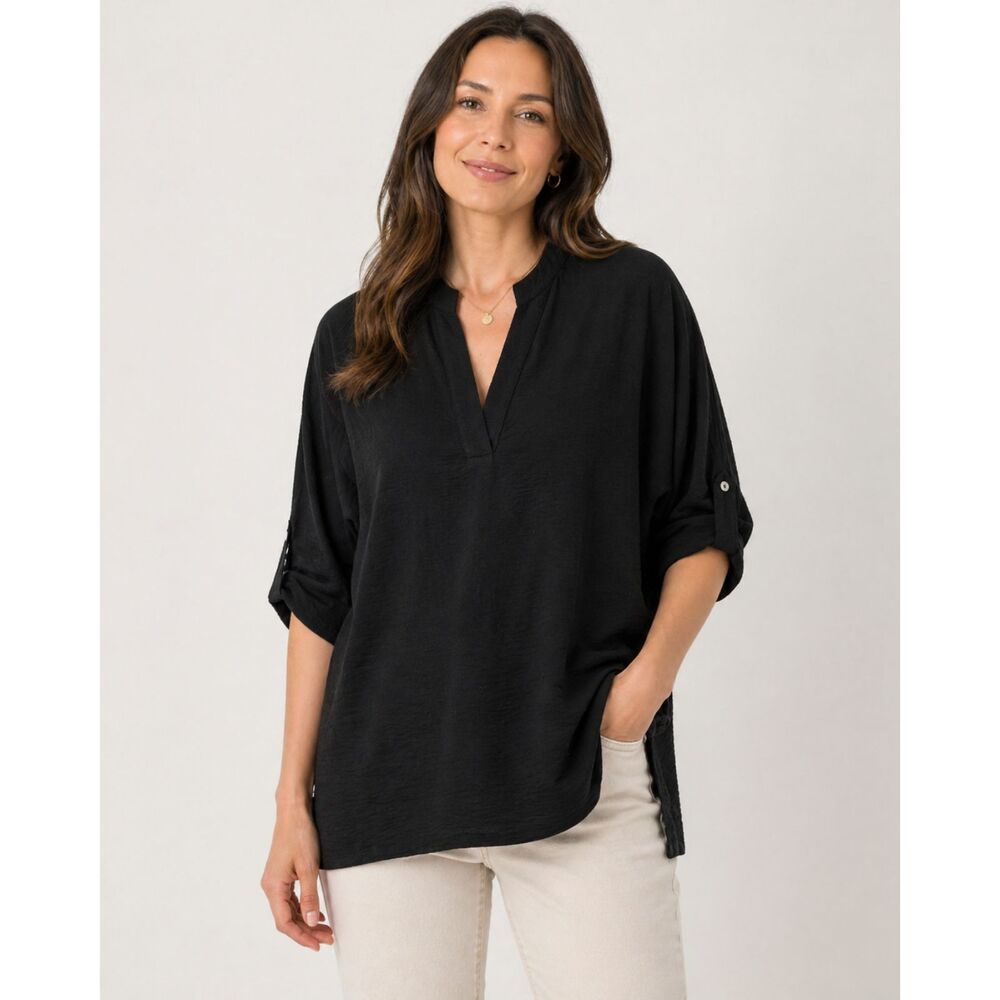 Calvin Klein Black Textured Split Neck Dolman Sleeve Blouse Womens M Minimalist